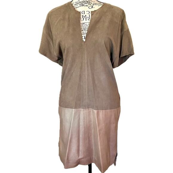 Vince Size S Brown Short Sleeve Leather V-Neck Shift Dress Pockets Lightweight - Picture 1 of 5